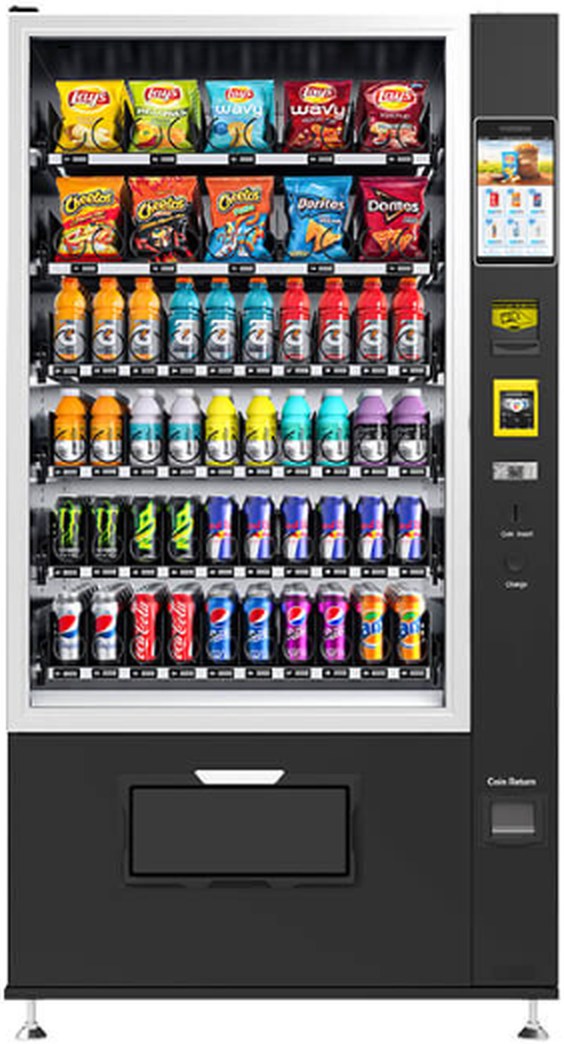 Glass-panel combo vending machine stocked with snacks and chilled drinks, with a touchscreen and card reader