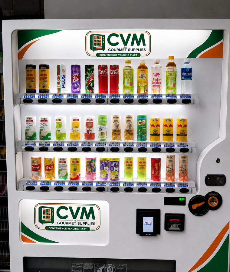 CVM by Gourmet Supplies chilled drinks machine, fully stocked with cans and bottles across three lit shelves