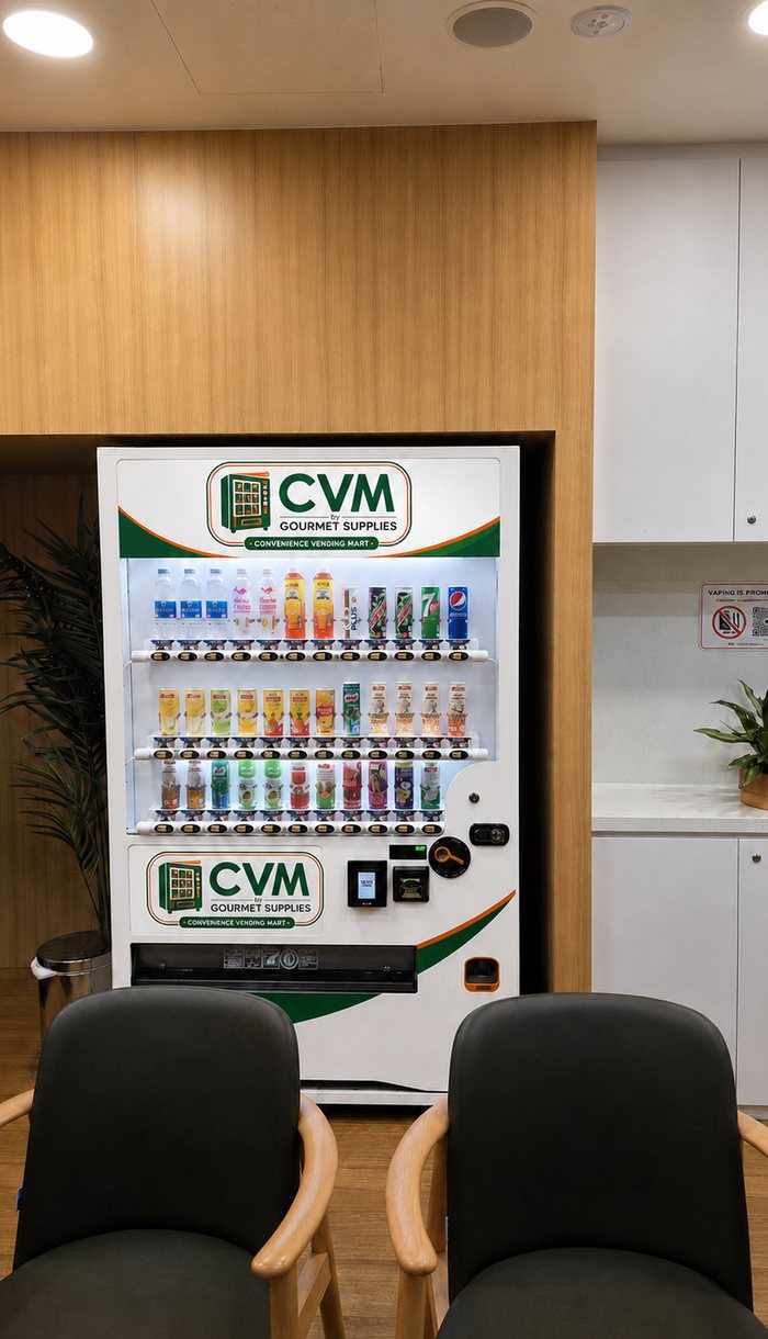 CVM by Gourmet Supplies chilled drinks machine installed inside a carpeted office