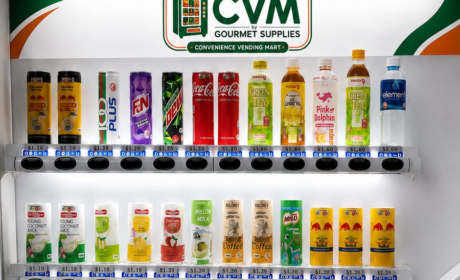 Stocked shelves in a CVM chilled drinks machine, three lit rows of cans and bottles across the full width