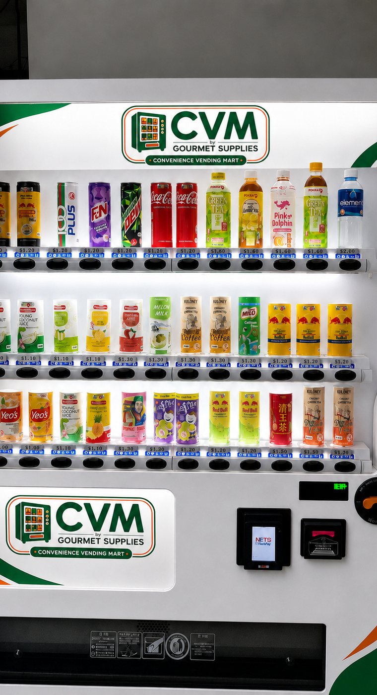 A fully stocked CVM by Gourmet Supplies chilled drinks machine installed indoors