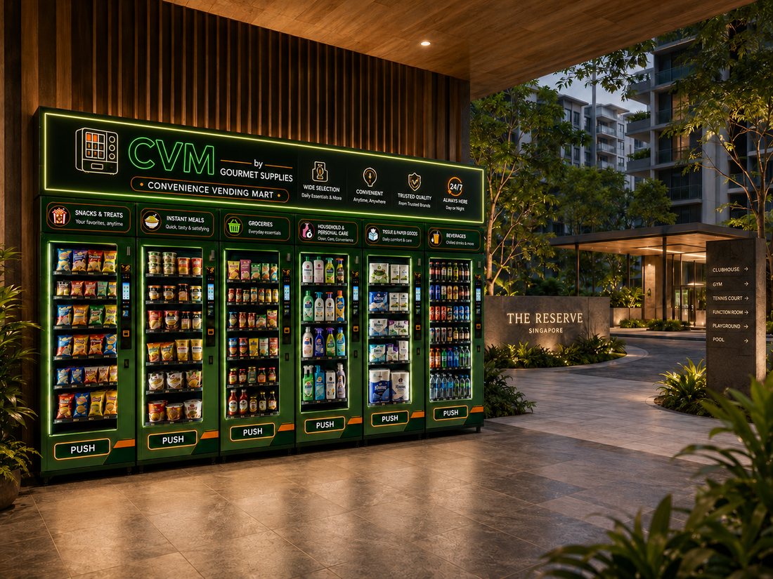 A six-machine Vending Mart run in a residential development lobby, lit and signed by category, open around the clock