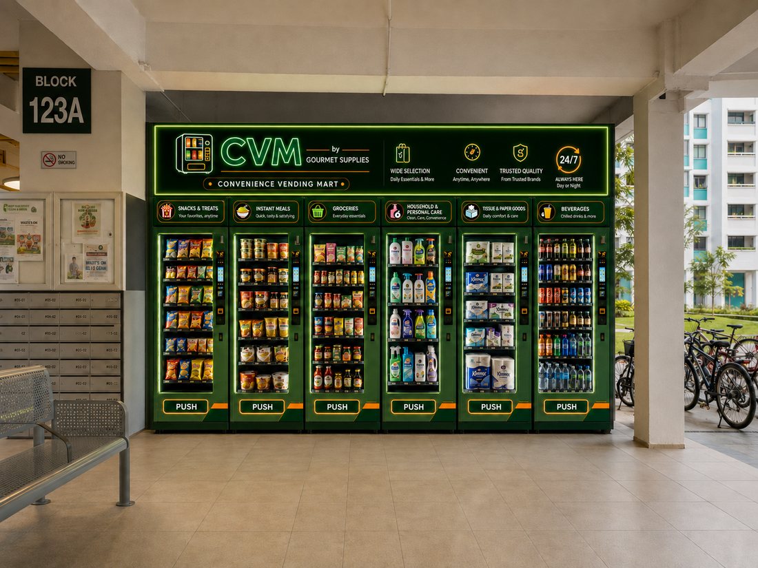 Vending Mart installed at an HDB void deck beside the letterboxes