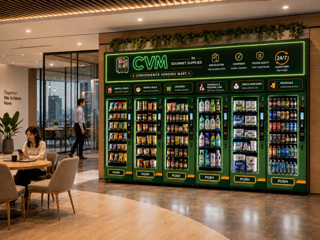 A six-machine Vending Mart installation in an office lobby, with category signage for snacks, instant meals, groceries, household goods, tissue and beverages